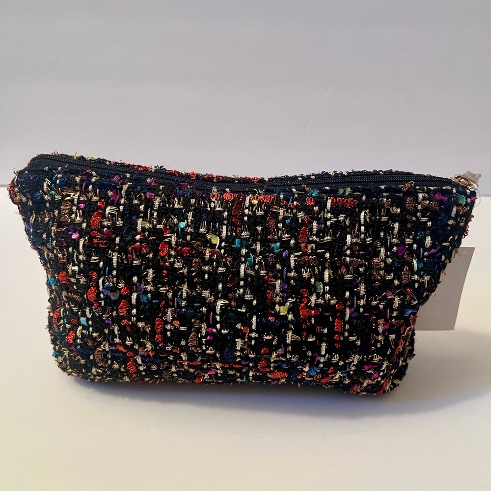 LOFT Outlet Tweed Cosmetic Makeup Pouch Bag Multicolor Black Gold Zipper NWT